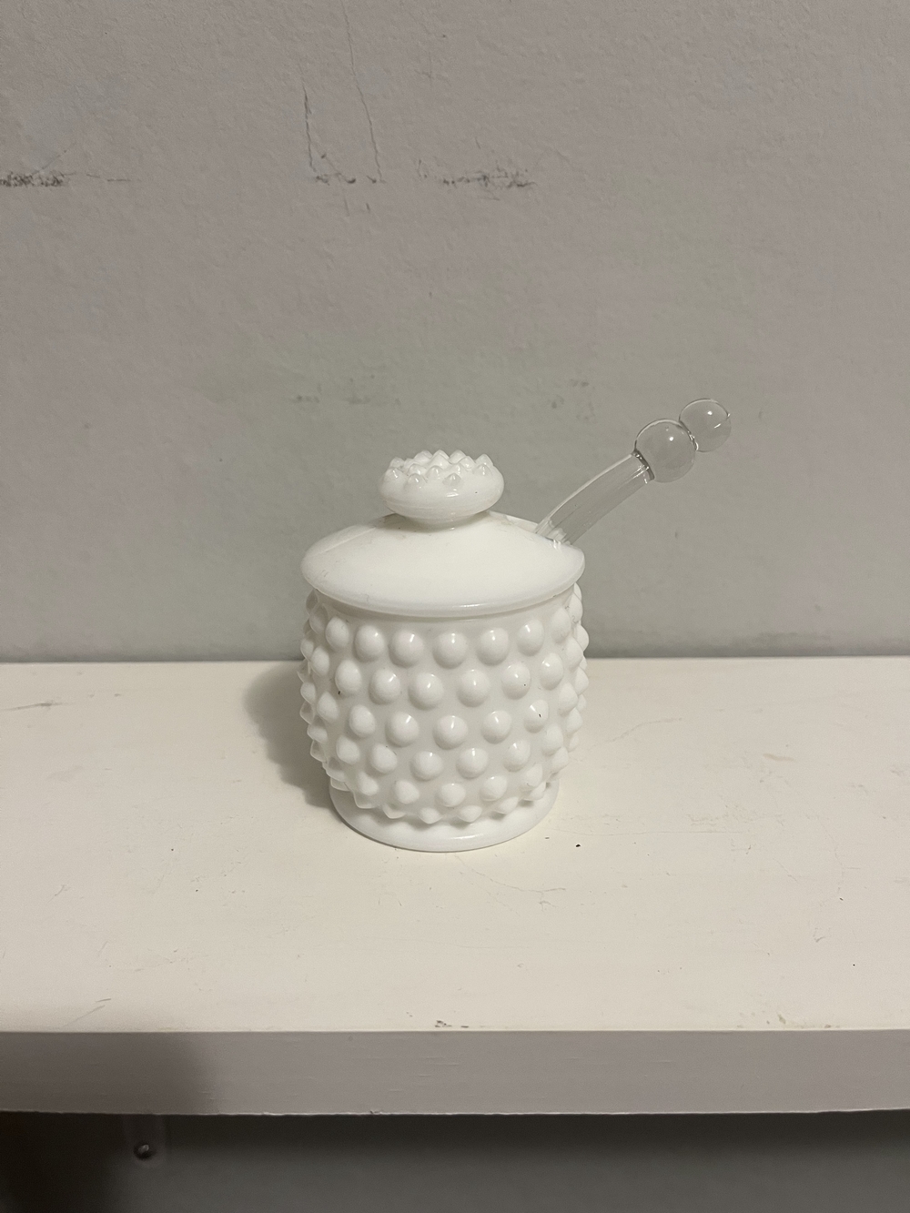 Vintage Fenton Milk Glass Hobnail Jam Jar with Lid & Glass Spoon